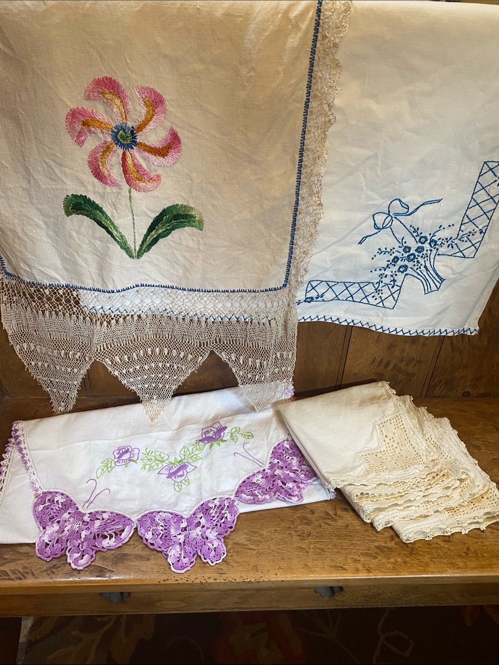 Vintage Handmade Embroidered & Crocheted Linens Bundle